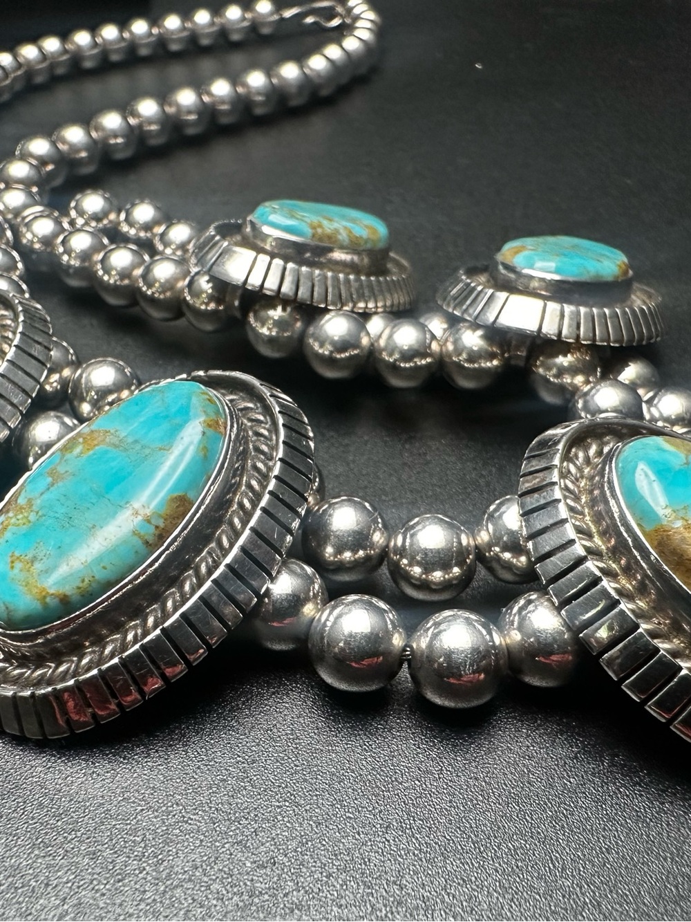 Richard Curley Navajo Sterling Silver Turquoise Necklace, RCC Hallmark, 5-Stone - Picture 5 of 6